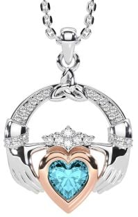 Diamond Aquamarine Rose Gold Silver Claddagh Trinity knot Necklace