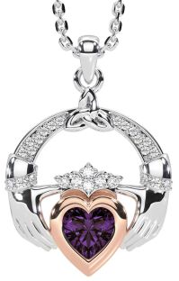 Diamond Alexandrite Rose Gold Silver Claddagh Trinity knot Necklace