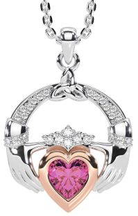 Diamond Pink Tourmaline Rose Gold Silver Claddagh Trinity knot Necklace