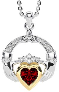 Diamond Garnet Gold Silver Claddagh Trinity knot Necklace