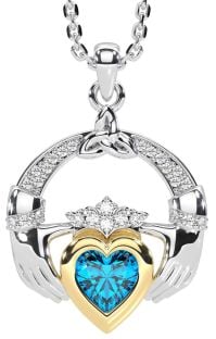 Diamond Topaz Gold Silver Claddagh Trinity knot Necklace