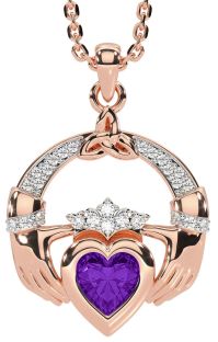 Diamond Amethyst Rose Gold Silver Claddagh Trinity knot Necklace