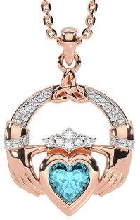 Diamond Aquamarine Rose Gold Silver Claddagh Trinity knot Necklace