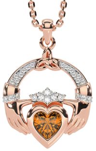 Diamond Citrine Rose Gold Silver Claddagh Trinity knot Necklace