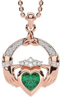 Diamond Emerald Rose Gold Silver Claddagh Trinity knot Necklace