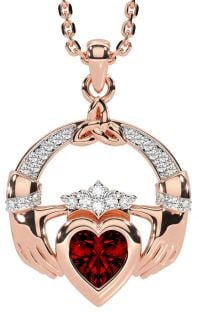 Diamond Garnet Rose Gold Silver Claddagh Trinity knot Necklace