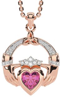 Diamond Pink Tourmaline Rose Gold Silver Claddagh Trinity knot Necklace