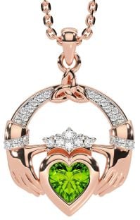 Diamond Peridot Rose Gold Silver Claddagh Trinity knot Necklace