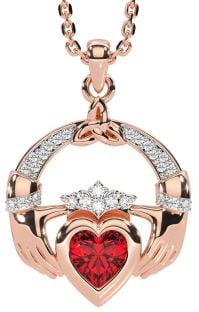 Diamond Ruby Rose Gold Silver Claddagh Trinity knot Necklace