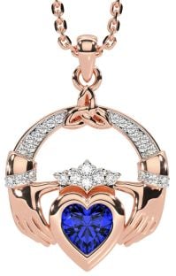 Diamond Sapphire Rose Gold Silver Claddagh Trinity knot Necklace