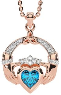 Diamond Topaz Rose Gold Silver Claddagh Trinity knot Necklace