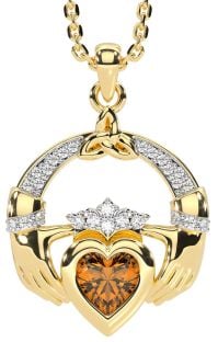 Diamond Citrine Gold Silver Claddagh Trinity knot Necklace