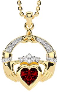 Diamond Garnet Gold Silver Claddagh Trinity knot Necklace