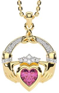 Diamond Pink Tourmaline Gold Silver Claddagh Trinity knot Necklace