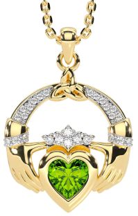 Diamond Peridot Gold Silver Claddagh Trinity knot Necklace