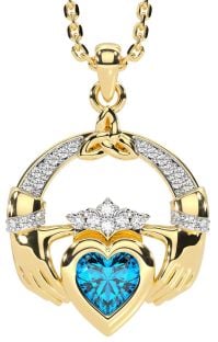 Diamond Topaz Gold Silver Claddagh Trinity knot Necklace