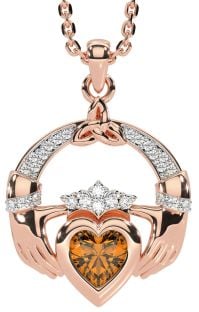 Diamond Citrine Rose Gold Claddagh Trinity knot Necklace