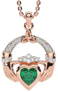 Diamond Emerald Rose Gold Claddagh Trinity knot Necklace