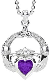 Diamond Amethyst Silver Claddagh Trinity knot Necklace