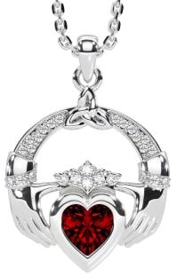 Diamond Garnet Silver Claddagh Trinity knot Necklace