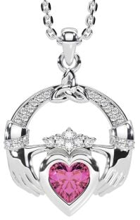 Diamond Pink Tourmaline Silver Claddagh Trinity knot Necklace