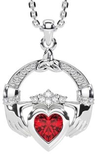 Diamond Ruby Silver Claddagh Trinity knot Necklace