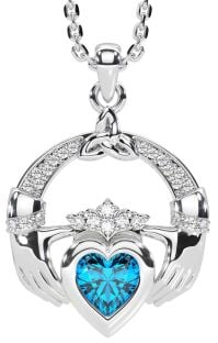 Diamond Topaz Silver Claddagh Trinity knot Necklace