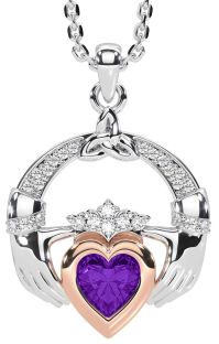 Diamond Amethyst Rose Gold Silver Claddagh Trinity knot Necklace