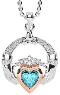 Diamond Aquamarine Rose Gold Silver Claddagh Trinity knot Necklace