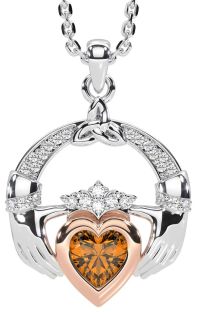 Diamond Citrine Rose Gold Silver Claddagh Trinity knot Necklace