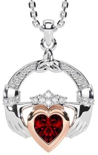 Diamond Garnet Rose Gold Silver Claddagh Trinity knot Necklace