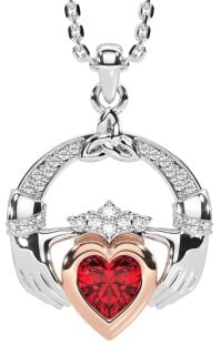 Diamond Ruby Rose Gold Silver Claddagh Trinity knot Necklace