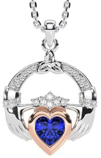 Diamond Sapphire Rose Gold Silver Claddagh Trinity knot Necklace