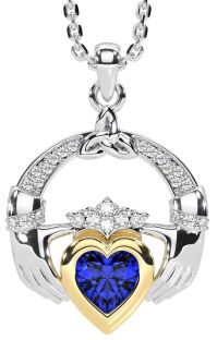 Diamond Sapphire Gold Silver Claddagh Trinity knot Necklace