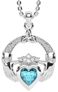 Diamond Aquamarine White Gold Claddagh Trinity knot Necklace