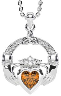 Diamond Citrine White Gold Claddagh Trinity knot Necklace