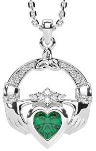 Diamond Emerald White Gold Claddagh Trinity knot Necklace