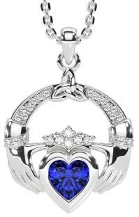 Diamond Sapphire White Gold Claddagh Trinity knot Necklace