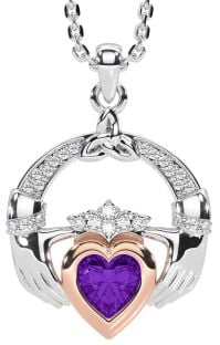 Diamond Amethyst White Rose Gold Claddagh Trinity knot Necklace