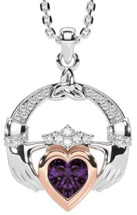 Diamond Alexandrite White Rose Gold Claddagh Trinity knot Necklace