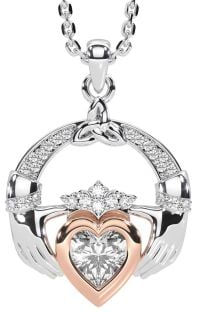 Diamond White Rose Gold Claddagh Trinity knot Necklace