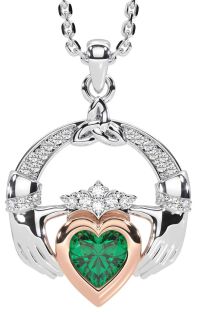 Diamond Emerald White Rose Gold Claddagh Trinity knot Necklace