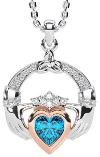 Diamond Topaz White Rose Gold Claddagh Trinity knot Necklace