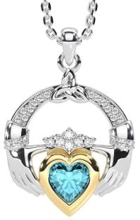 Diamond Aquamarine White Yellow Gold Claddagh Trinity knot Necklace