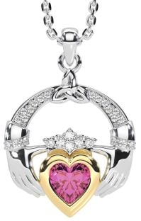 Diamond Pink Tourmaline White Yellow Gold Claddagh Trinity knot Necklace