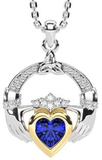 Diamond Sapphire White Yellow Gold Claddagh Trinity knot Necklace