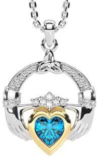 Diamond Topaz White Yellow Gold Claddagh Trinity knot Necklace