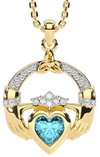 Diamond Aquamarine Gold Claddagh Trinity knot Necklace