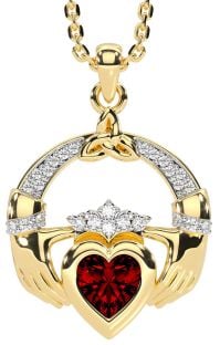 Diamond Garnet Gold Claddagh Trinity knot Necklace