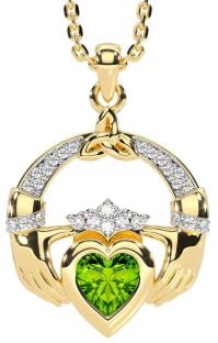 Diamond Peridot Gold Claddagh Trinity knot Necklace